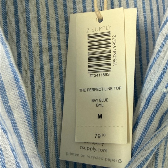 Z Supply The Perfect Line Top Bay Blue Striped Linen Blend Button Down M - Picture 7 of 10